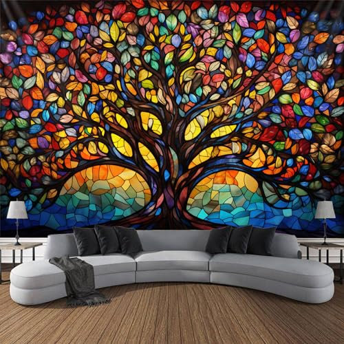 Baum des Lebens Wandbehang Dekor Tapisserie mit Buntglas Bunte Wandkunst Große Tapisserie Wandbild Dekor Foto Hintergrund Decke Vorhang Home Schlafzimmer Wohnzimmer Dekoration