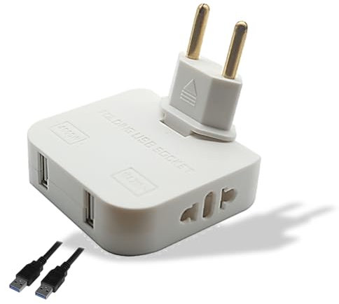 Landrón-Enchufe Extra Plano con Cabezal Giratorio 180º - 2 Puertos de Carga USB y 2 Enchufes Convencionales válidos para Toma Europea y Americana - Carga Rápida e Ideal para Espacios reducidos (1)