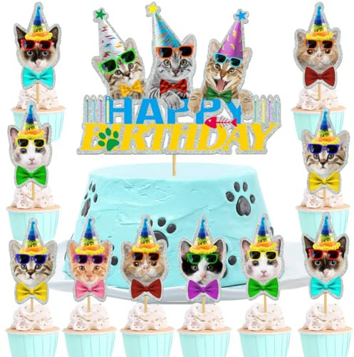 WIDEBG Katze Tortendeko Geburtstag Kuchen Deko Katzen Cupcake Topper Happy Birthday Cake Topper Tiere Kindergeburtstag Torte Deko Katzen Pet Party Kuchendeko A