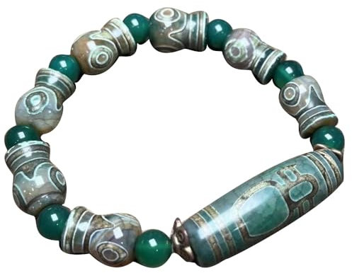 YHDONE Tibetisches Dzi-Perlenarmband mit grünem Achat, dreiäugig, Gott des Reichtums, Dzi-Perlenschnur-Armband mit Zertifikat für Männer und Frauen, Jade-Armbänder für Herren, middle, Achat, Achat