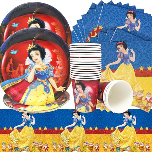 Prinzessin Partygeschirr Doyomtoy Schneewittchen Partygeschirr Set Kindergeburtstag deko 61 Stück Prinzessin Geburtstag Deko Teller Becher Servietten Tischdecke Prinzessin Party Set für 20 Personen