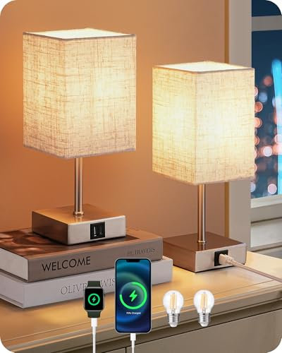 EDISHINE LED Nachttischlampe Touch Dimmbar 2er Set, Tischlampe Modern, Kleine Lampe, mit Ladefunktion, 2 USB Anschlüsse, für Schlafzimmer, Wohnzimmer, Fensterbank, Geschenk, Beige