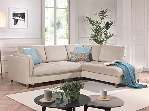 Lisa Design Brooke – Ecksofa rechts – mit Schlaffunktion – 5-Sitzer – aus Samt Beige