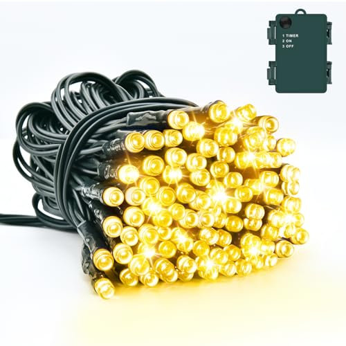 Dalugo Luci Led Natale, 5M 50 LED Bianco Caldo Luci Led a Batteria Filo Verde con 6h Timer, IP65 Impermeabile Luci Stringa a Batteria per Interni all'aperto Decorazioni Natalizie