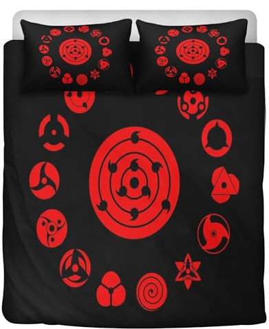 STARSAY Itachi Bettwäsche 135x200cm für Anime-Fans,Rote Wolke Schlafzimmer dekorative Kinder Bettwäsche-Sets,Sharingan Bettbezüge und 2 Kissenbezug (Sharingan)