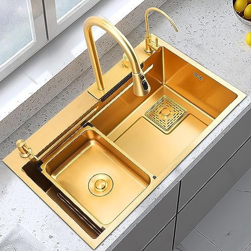 HSSMEUR 304 Stainless Steel Sink, Gold Kitchen Sink Waterfall,Drop-in Or Undermount Installation for Kitchen Bar Hotel (Gold 68x46cm)