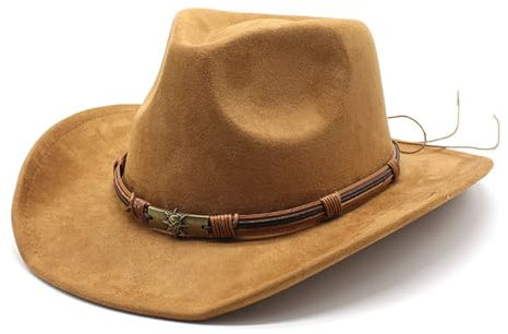 HIQIU Unisex Breite Krempe Panama Westernhut Wildleder Cowboyhut Ethnischer Stil Cowgirl-Hut mit Seildekoration für Damen und Herren (DE/NL/SE/PL, Alphanumerisch, Einheitsgröße, M, B1# Khaki)