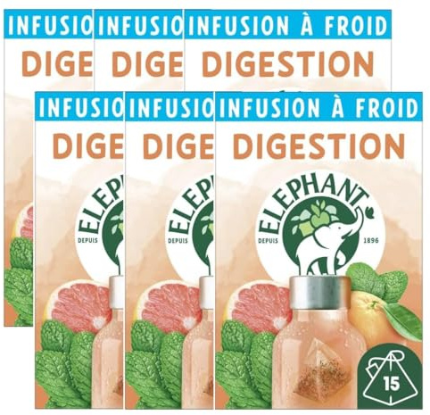 Elephant, Infusion à Froid Digestion, Eau Froide Aromatisée, Parfums Naturels Pamplemousse Menthe, Lot de 6 x 15 Sachets Individuels, 90 Sachets Pyramid