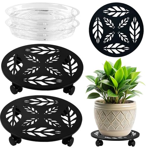 Planterhoma 2 Packs 14 Inch Rolling Plant Stand with Wheels Metal Plant Caddy with Wheels Heavy Duty Plant Rollers with Wheels Round Wrought Iron Plant Stand with Clear Saucers, Matte Black