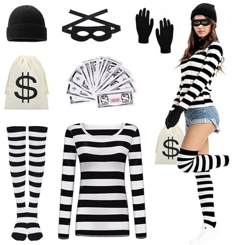 DAZZTIME Disfraz de Ladrón de Bancos,Disfraz de Ladrón para Adulto,Disfraz de Ladrón,Disfraz Ladron Adulto,Conjunto de Disfraz de Ladrón Adultos,para Carnaval,Carnaval,Fiesta Temática