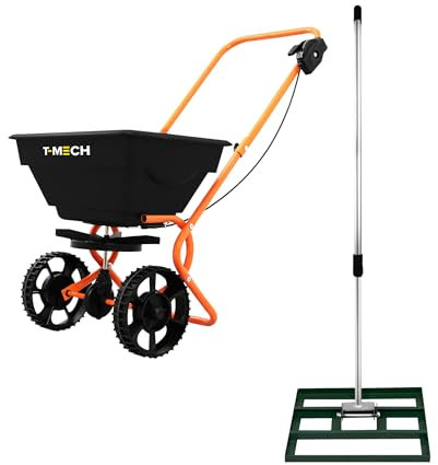 Lawn Leveller & Rotary Spreader Gritter Fertiliser Garden Levelling Rake Lute 50cm x 32cm Green Removable Extendable Handle 1.15-1.9m Easy Grip 25kg Capacity Salt Grit Sand Seed Rain Cover & Gloves