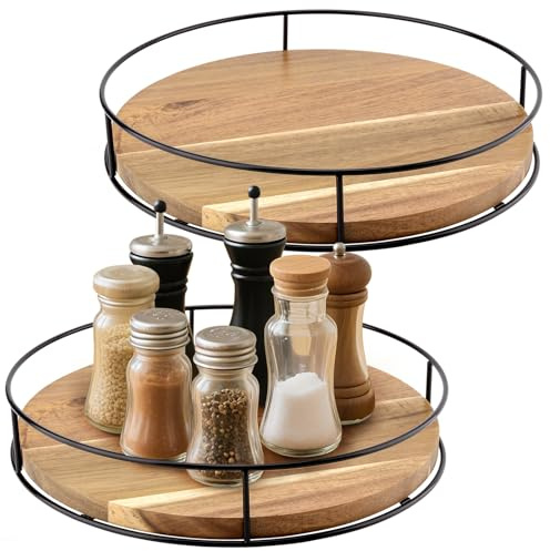 FAAING 2 Stück 25cm Holz Lazy Susan Drehteller, 360° drehbar Drehteller Rund Küche Holz Gewürzregal Organizer Drehteller für Schrank, Speisekammer, Küche
