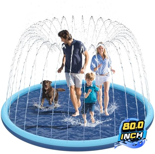Non-Slip Splash Pad for Kids and Dog, 80 Extra Large Baby Play Mat, Dog Pool Toys, Thicken Sprinkler Pool Summer Outdoor Water Toys for Ages 3-12 Boys Girls, Parent-Kids &Games Fun Backyard (Blue)