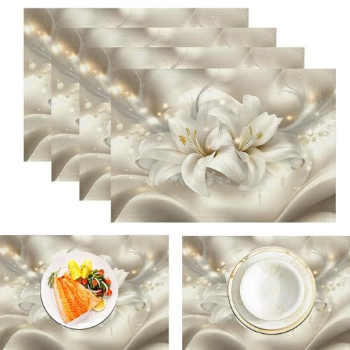 Tischsets Platzsets Stoff,Tischset Luxusblumen, 6Er Set Platzsets Abwaschbar,Weiße Lilie Baumwolle Leinen Tischsets Stoff Für Partys,Küche Deko Tisch (45X30Cm)