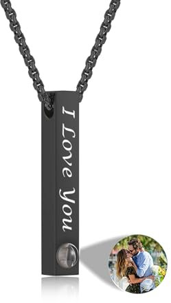 Jovivi Personalisierte Halskette Bild Projektion Kette im Stein mit Foto Wunschtext 100 Sprachen Ich Liebe Dich Projektion Anhänger Schmuck Personalisierte Geschenke für Männer Damen Frauen (Schwarz)