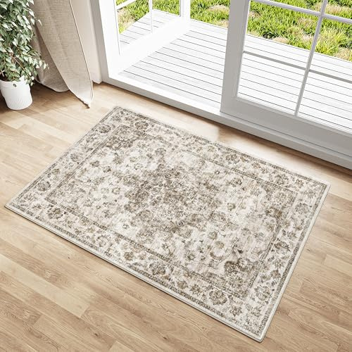 HUGEAR Vintage Fußmatte Teppich 60x90cm Braun Waschbar | Waschbarer Teppich, Weich Rutschfest, Kurzflor im Retro, für Eingangsbereich, Badezimmer Schlafzimmer, Kleiner Carpet