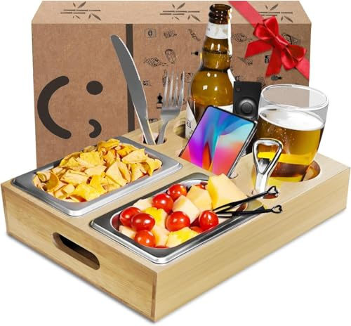 Couchbar Snackbox-Organizer Tablett-Snackspender mit 2X Snackschale-Deko,Couch Bar mit Getränkehalter-Snackbox mit Fächern Wohnzimmer Sofa Restaurant Picknick Party als Geschenk für Männer & Frauen