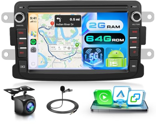 Motorsi 2+64G Android Autoradio für Dacia Logan/DOKKER/Duster/Sandero/Lodgy mit Kabellosem Carplay/Android Auto, 7 Zoll Touchscreen Navi/WiFi/FM/RDS/SWC/Canbus/BT/EQ+AHD Kamera+Mic