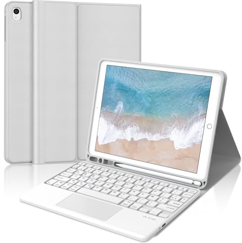 Coque Clavier pour iPad 9e/8e/7e Génération 10.2 Pouces, Housse Clavier Bluetooth Détachable avec Pavé Tactile et Porte Crayon pour iPad 10.2 2021 2020 2019/Air 3 2019/Pro 10.5 2017, Gris Clair