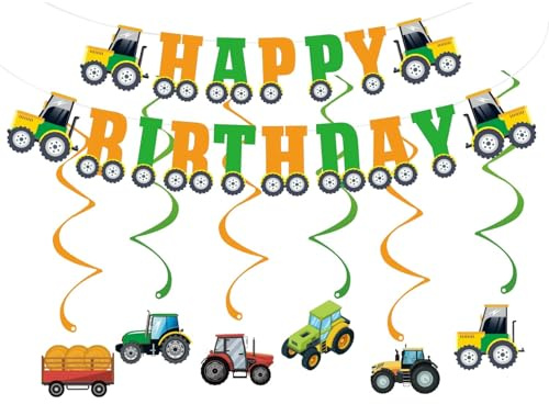 Traktor Geburtstag Deko Kinder – Bauernhof Partydeko Set mit Happy Birthday Banner & Hängedeko, Grüner Traktor Deko für Jungen & Mädchen, Lustige Farm & Traktor Mottoparty Zubehör für Kindergeburtstag