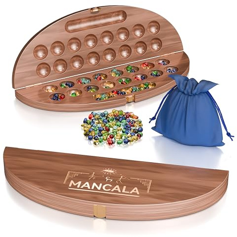 Kalaha - hochwertiges Steinchenspiel für 2 Personen, Luxus-Mancala-Set: Echtholz-Scharnierbrett, faltbares Design für 2-Spieler-Strategiespiel (Holz)