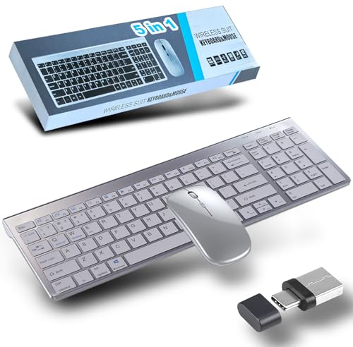 Bluetooth Wireless Keyboard and Mouse Set, USB-C & 2.4GHz & 3 Bluetooth Rechargeable Silent Cordless Keyboard Mouse Combo, Switch Across Four Devices, for Mac,Laptop,PC,Microsoft,ipad, Phone/QWERTY