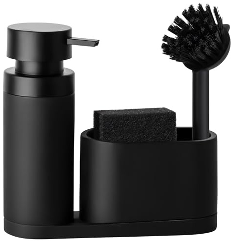 blackswedenhome. Design Spülbecken Organizer mit entnehmbaren Spülmittelspender Spülbürste und Schwamm - Küchenorganizer - Spüle Organizer aus Kunststein Sink Spül Set Seifenspender schwarz matt