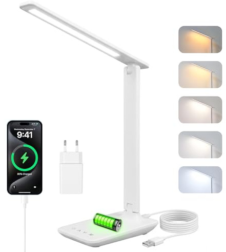 Carehabi Lampe de Bureau Puissante - 5 Modes de Couleurs et 5 Niveaux de Luminosité Réglables - Rotation sur 3 Axes - Protection des Yeux - Lampe de Lecture avec Port USB (blanc - à piles)