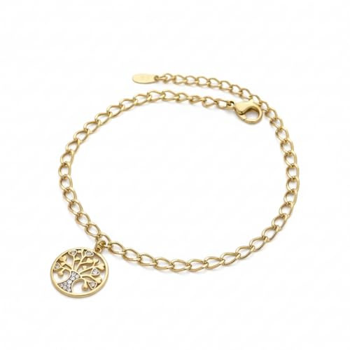 2014.Jewelyr.Luxe Bracelet - Femme - Maille Ovale - Arbre de Vie - Plaqué Or Jaune 750/1000-3 Microns - 18 cm - Ajustable