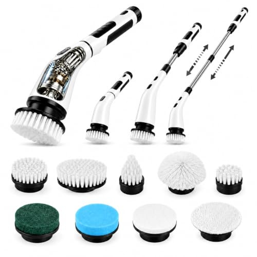 Electric Spin Scrubber for Cleaning - Cordless Bathroom Cleaner 9 In 1 Cleaning Rotating Brush Extendable Long Handle Bath Scrubber 350/450RPM Dual Speed Power Handheld Clean Machine Rechargeable