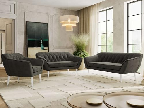 MKS MEBLE Sofagarnitur PIRS 3 + 2 + 1 - Couchgarnitur im skandinavischen Design, Gesteppte Polsterung, Wellenfederung, Wohnzimmer Sofa Set - Weiße Beine, Dunkelgrau Velvet