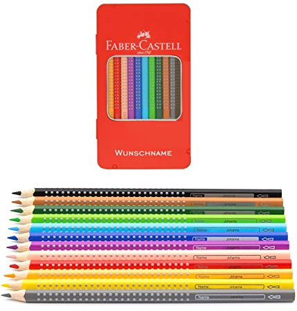 12er Set Faber Castell Buntstifte mit Namen - mit Grip und roter Metallbox - individuell graviert/beschriftet