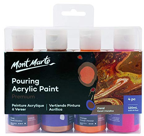 MONT MARTE Lot de 4 flacons de peinture acrylique de qualité supérieure, corail, 120 ml, peinture acrylique pré-mélangée, convient pour une variété de surfaces, y compris la toile tendue, le bois, le