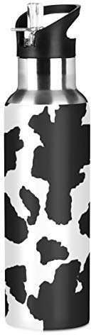 JUMBEAR Cow Patter Black White Print Water Bottle Acuum Insulated Stainless Steel Leakproof Wide Mouth Kettle with Straw Lid for Fitness Gym Outdoor Sports