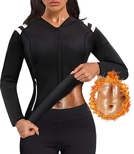 Bingrong Damen Sauna Effekt Anzug Taille Waist Trainer Fitness Lange Ärmel Neopren Shirt Abnehmen Training Korsett Bauchweg Schwitzeffekt Schwitzjacke Thermo Body Shaper (Schwarz, Small)