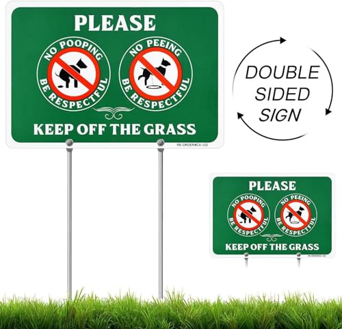 MUXYH Double Sided No Peeing and No Pooping Dog Sign, Please Be Respectful, Keep Off The Grass, All Metal Construction Yard Sign, 12 x 9, with Long Metal Stakes, Weatherproof - Outdoor use