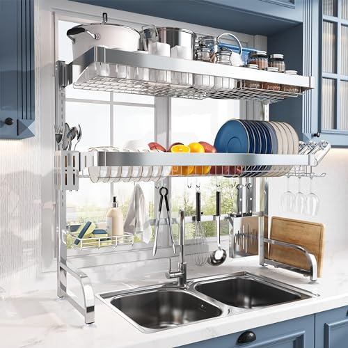 MAJALiS Over The Sink Dish Rack, 3 Tier 304 Stainless Steel Large Dish Drying Rack, Adjustable Width Over Sink Drainer Rack with Utensils Holder and 10 Hooks (Sliver, 25.5-35.5)