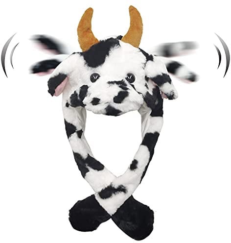 Tocwick Chapeau de vache avec oreilles mobiles - Chapeau court en peluche en forme d'animal - Doux et chaud - Pour festival, cosplay, garçons et filles, Noir , M
