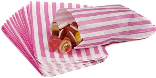 100 Pink 5 x 7 Striped Candy Sweet Paper Bags | Wedding Buffet Favour Cake Gift Pick n Mix Shop | Premium Quality UK Made