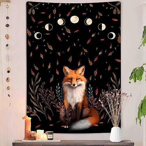 Ästhetischer Fuchs, Mondphase, vertikaler Wandteppich, Trippy-Tier-Blumenmuster, Hexe, Tarot-Tapisserie, Wandbehang für Schlafzimmer, schwarze Herbst-Ahornblätter, Wandteppich, Poster, Decke,