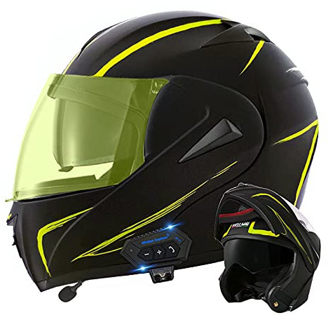 Motorrad-Integralhelm Bluetooth Flip Up Motorradhelme Matt Schwarz Gelb Modularer Erwachsener Crash-Helm Doppelvisiere Anti-Fog-Linse Für Pendeln in der Stadt ECE/DOT-zertifiziert (D,M(57~58 CM))