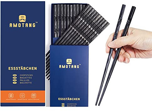 AMOTANG 10 Paar Essstäbchen Set, Spülmaschinenfeste japanische Sushi Stäbchen aus Fiberglas, Chopsticks mit Gravur, Rutschfeste chinesische Essstäbchen, 23cm - Shwarze Kirschblütenmuster
