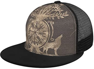 Hftlj20 Snapback Cap Baseball Kappe Unisex Erwachsener Kappe Baseball Cap Basecap Wikinger Vegvisir Kompass Baum Wolf Print Mesh Sports Hut Verstellbare Trucker Kappe Black Einheitsgröße