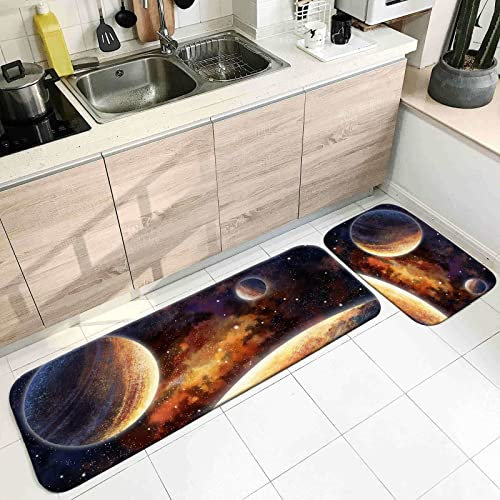 Banemi Iutdoor Teppich, Küche Bodenmatte Waschbar Braun Universum Planet Muster 60X90cm+60X180cm Heimtextilien