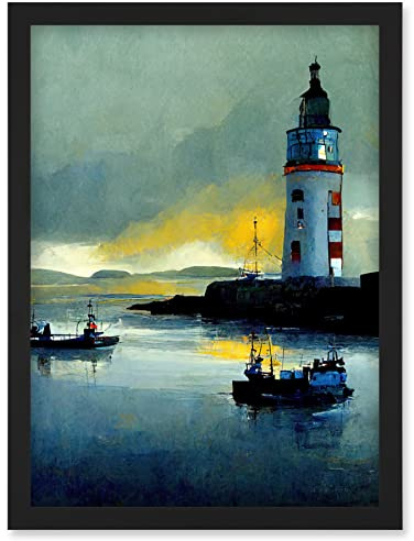 Doppelganger33 LTD Scottish Harbour Fishing Boats Lighthouse Modern Artwork Framed Wall Art Print A4