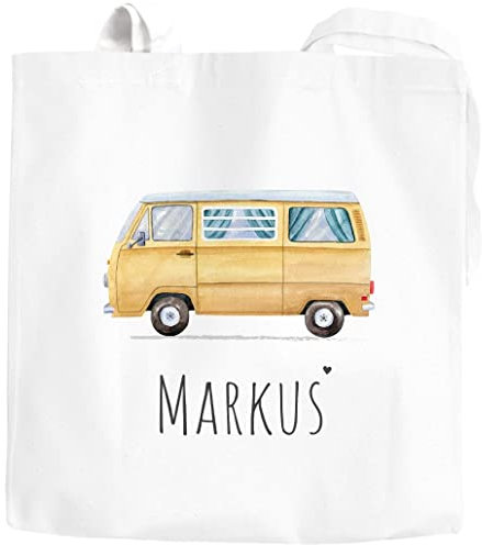 SpecialMe® Jutebeutel mit Aufdruck Name Camping Bus Camper personalisierte Geschenke Stofftasche weiß 2 lange Henkel