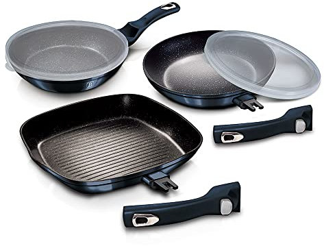Berlinger Haus Aquamarine Juego 2 Sartenes y Grill Inducción 20-24-28 cm Aluminio Forjado, Antiadherente Ecológico sin PFOA, Tapas Herméticas, Mangos Desmontables, Diseño, Vitrocerámica, Gas