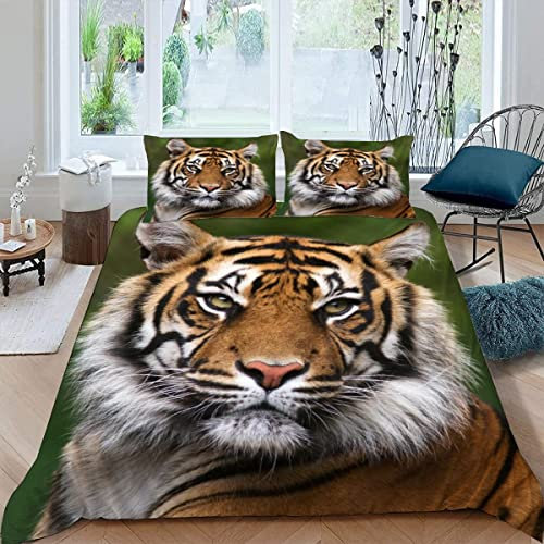ALABOW Tiger Bettwäsche 155x220 cm 3teilig mit Reißverschluss 3D Tier Tiger Bettwäsche Sets Warme Winter Sommer Weich und Angenehme Bettbezüge mit 2 Kissenbezug 80x80 cm für Teenager