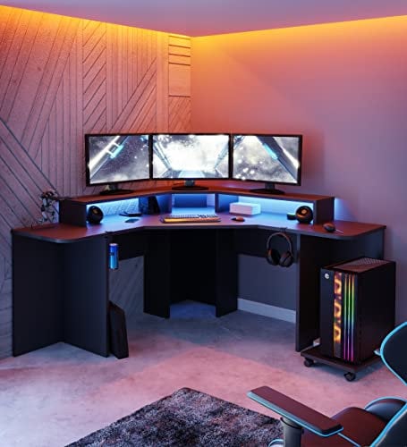 Forte Tezaur Eckschreibtisch für Gamer inkl. RGB-Beleuchtung, Holzwerkstoff, Mattschwarz, B x H x T: 160 x 91 x 160 cm