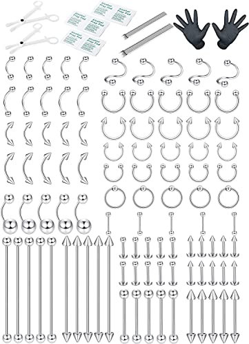 Milacolato 100Pcs Piercing Kit Chirurgenstahl 14G 16G Piercing Nadeln Werkzeuge Septum Augenbraue Lippe Bauchnabel Ring Knorpel Tragus Helix Daith Ohrringe Labret Rook Industrial Piercing Set Schmuck